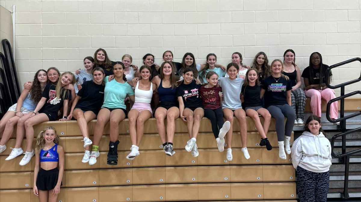 The LCMS cheer teams has been practicing 1 or 2 times a week throughout the whole school year working on coming up with the half time routines, improving their stunts, and practicing the cheers they say and learn throughout the games!
