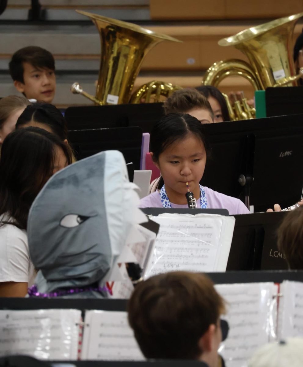 The performance begins! Now that the band has warmed up, they can begin playing their concert songs for the younger students.