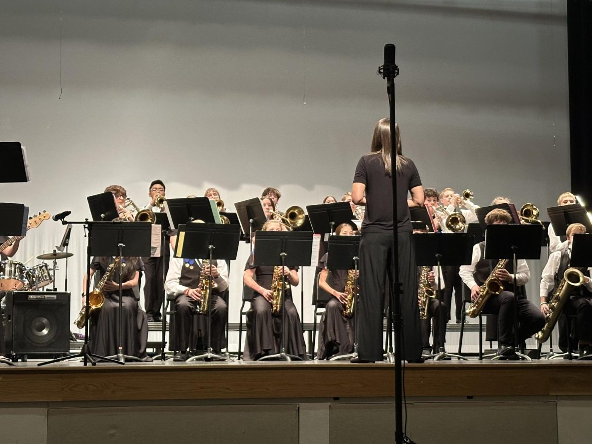 Mrs. Kuperman, one of the band teachers, conducts the Jazz Band as they play for MPA. After months of preparing, the bands get to show off their skills! (Photo provided by Stephanie Winterton)