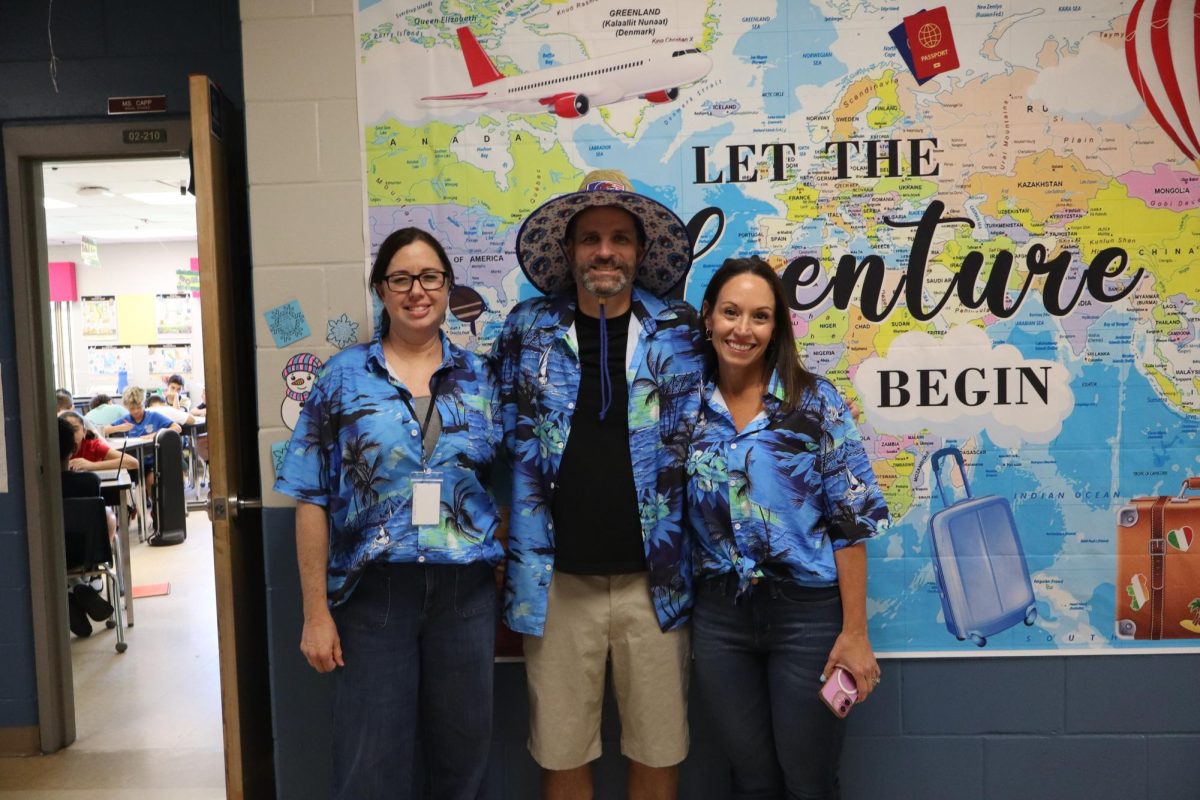 Mrs. Potts, Mrs. Capp, and Mr. Stone all matched for twin day. 