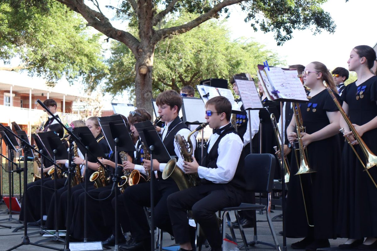 The Jazz Band performs first at Jazz Under the Stars. Later in the night students watch the JHMS Jazz band and their future bands for the the 8th graders, like the Hagerty Jazz bands. Photo by Mila Kiray