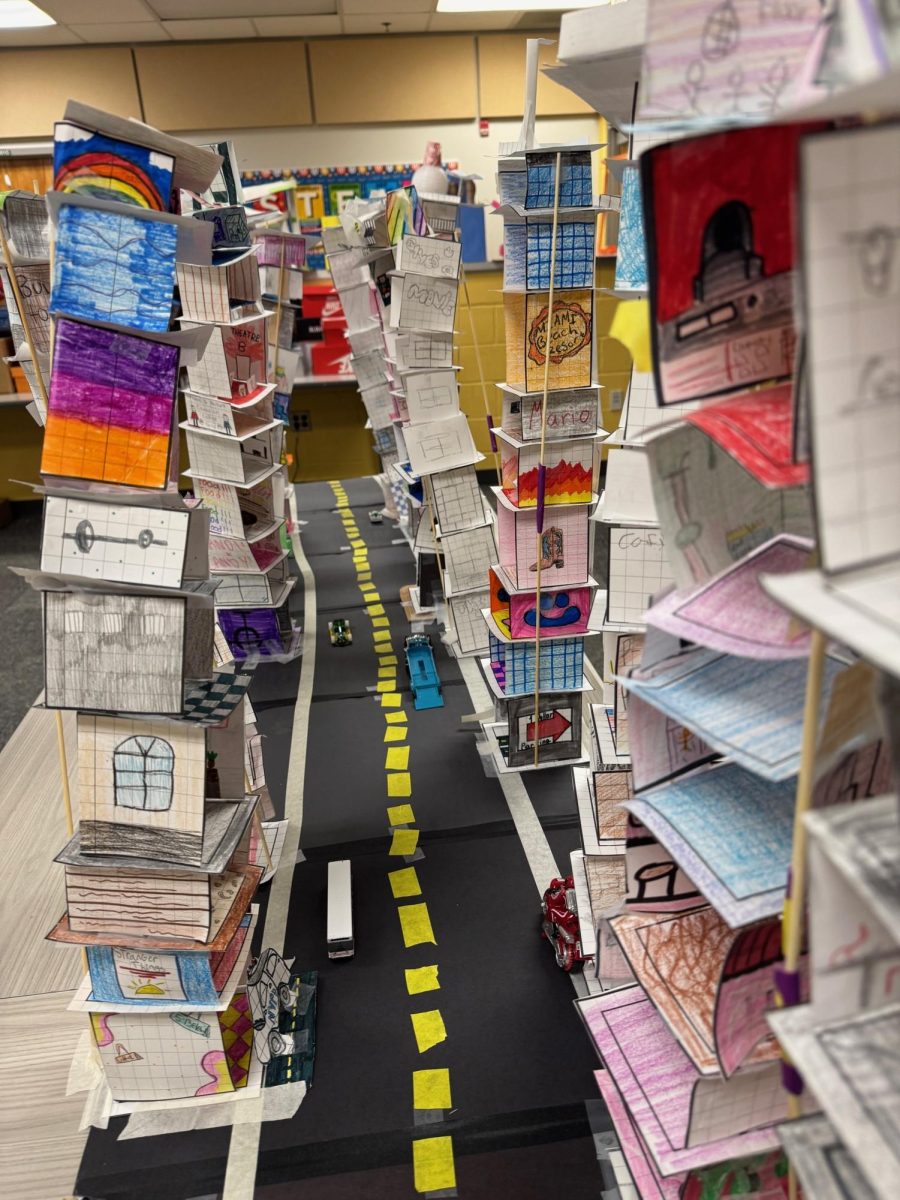 This is the city that Mrs. Bond created using the skyscrapers that her students have created.