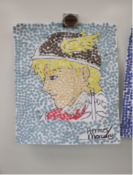Hannah Banh, Macy Carriero, Marise Maksemous, Miranda Duarte, Adrianna Russell, and  Brynn Smallwood (all 6) created this dot mosaic of Hermes.