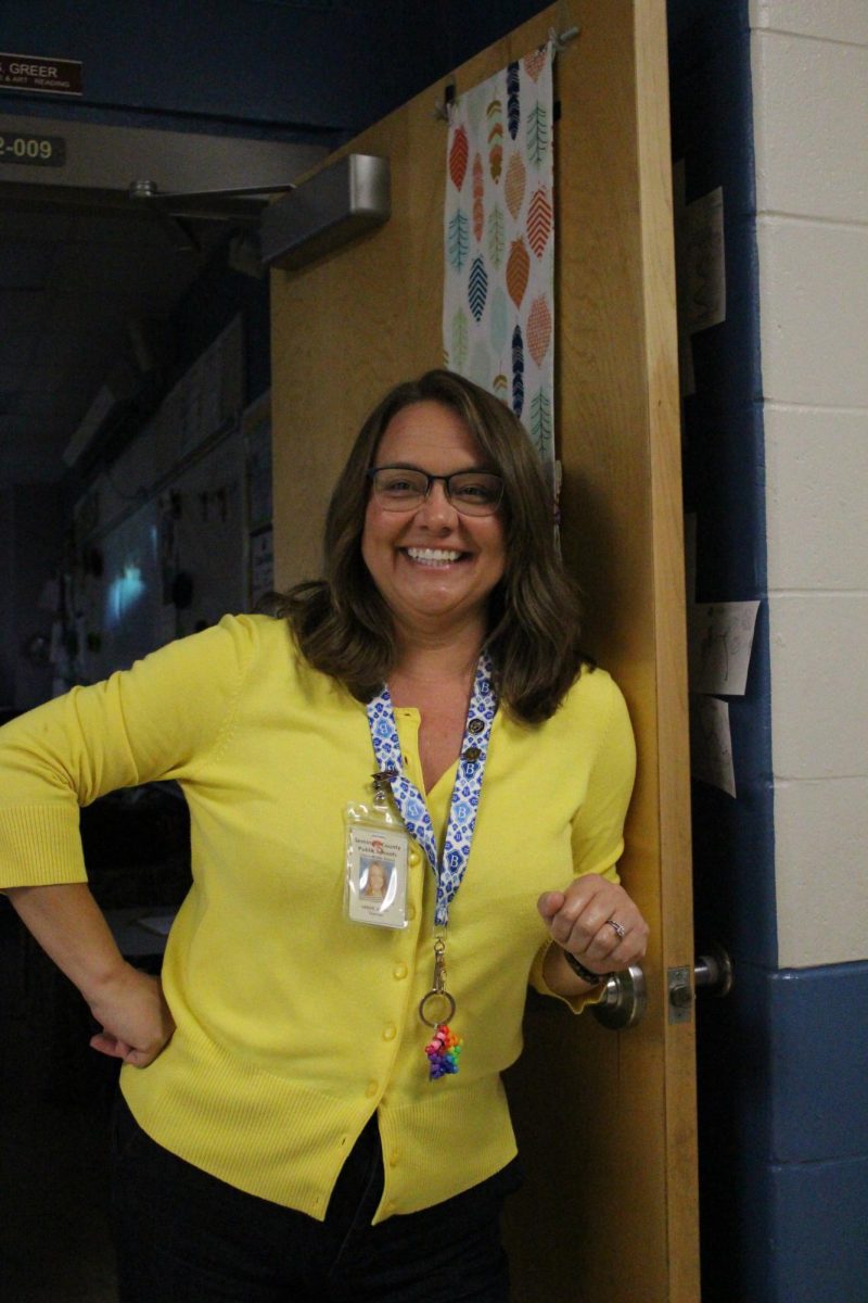 Mrs Greer dressed in yellow for the spirit of spirit day.